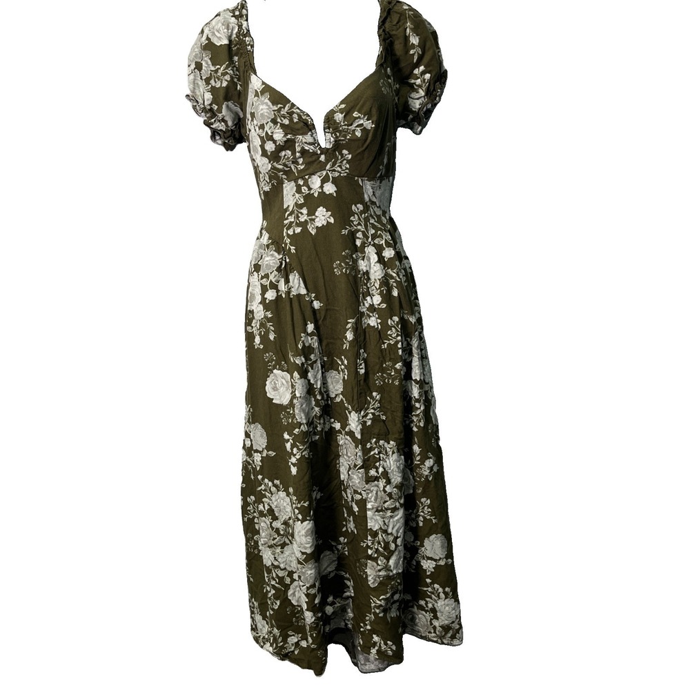 Crystal Sky Midi Dress Womens M Olive Green Floral Puff Sleeve Open Back Boho